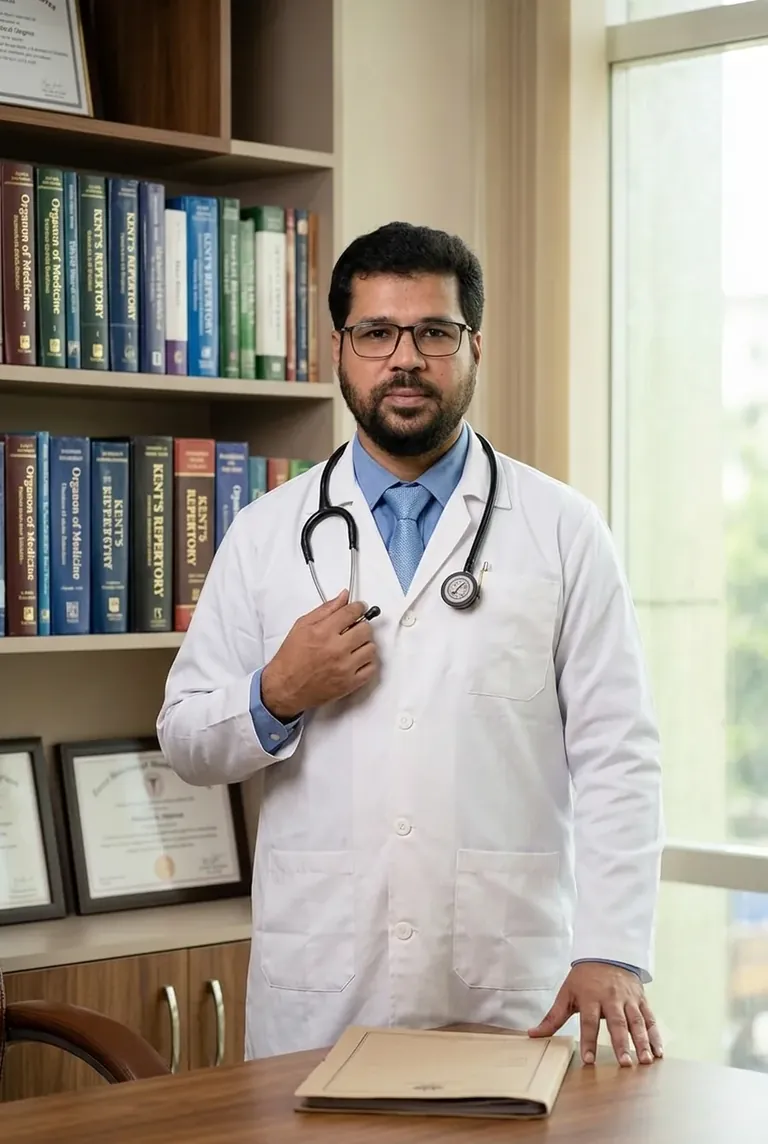 Dr Shadaab Shaikh Homeopathic Cancer Specialist Mumbai — in-clinic with classical homeopathy reference library