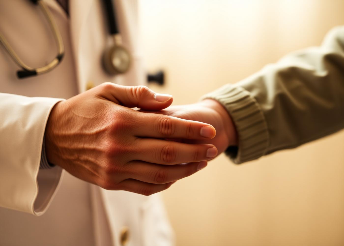 A doctor gently holding a patient's hand