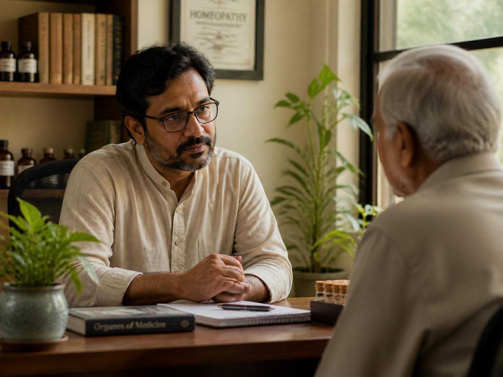 Dr. Shadaab Shaikh in quiet consultation with an elderly patient